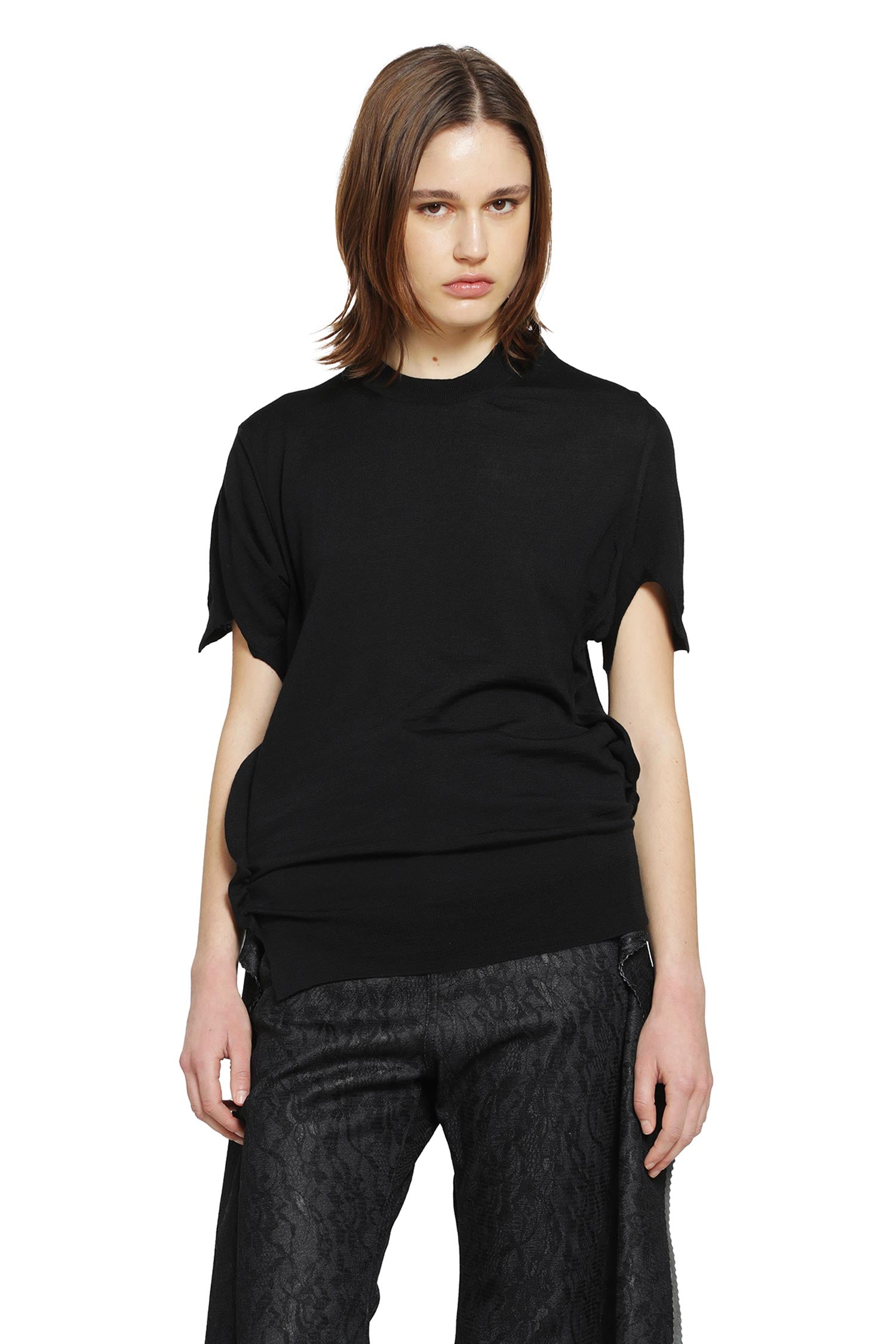 Short Sleeve Wool Sweater with Splits