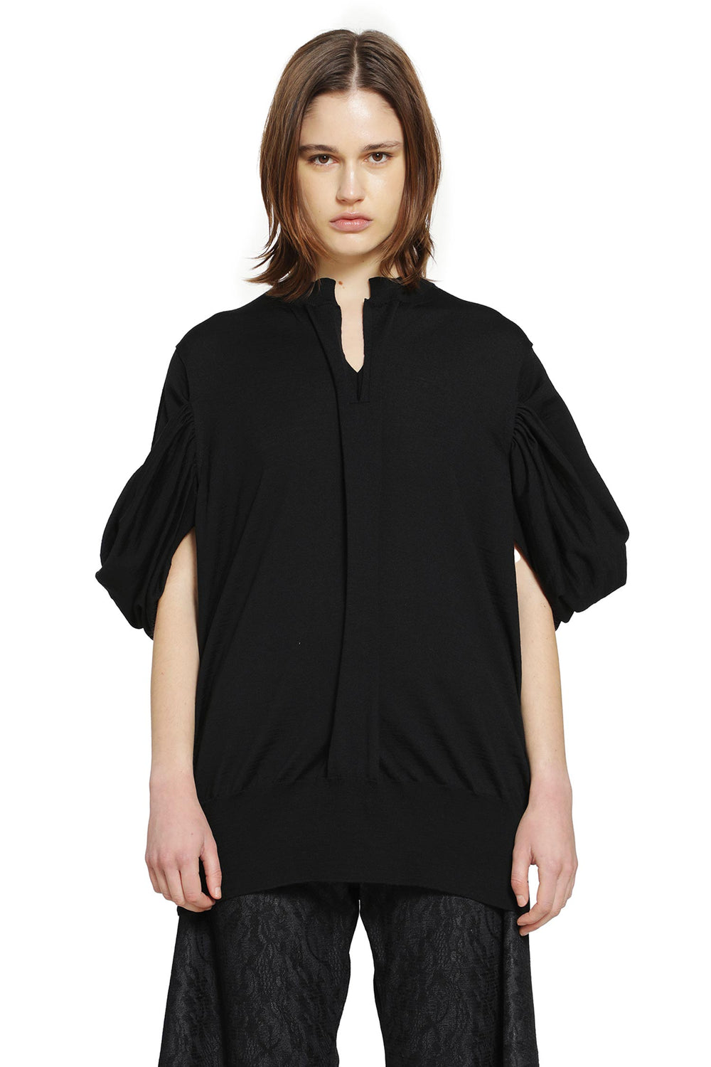 JUNYA WATANABE V-Neck Wool Sweater with Gathered Sleeves woman