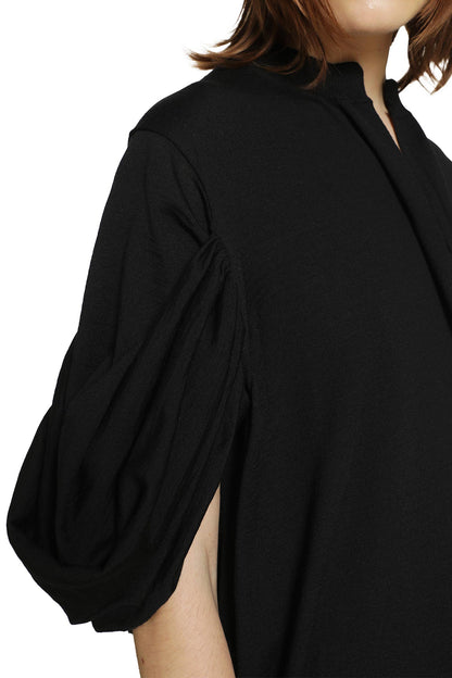 V-Neck Wool Sweater with Gathered Sleeves