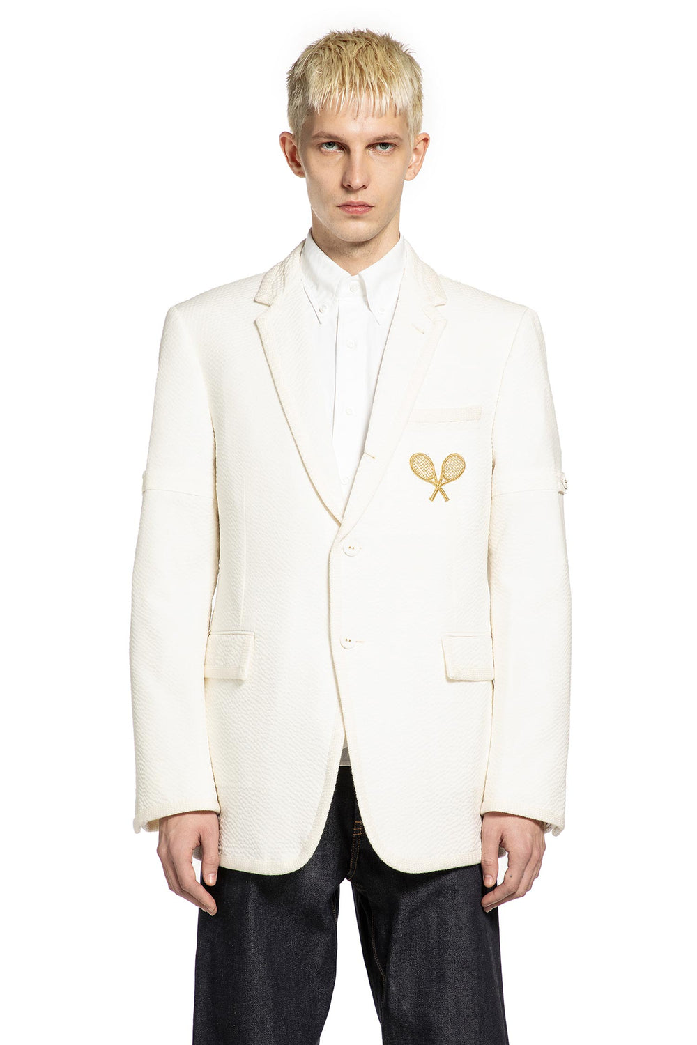 THOM BROWNE Wide Shoulder Blazer in Wool Seersucker man