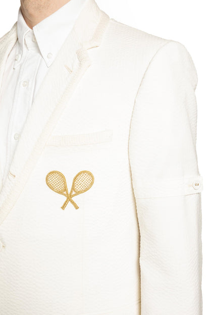 Wide Shoulder Blazer in Wool Seersucker