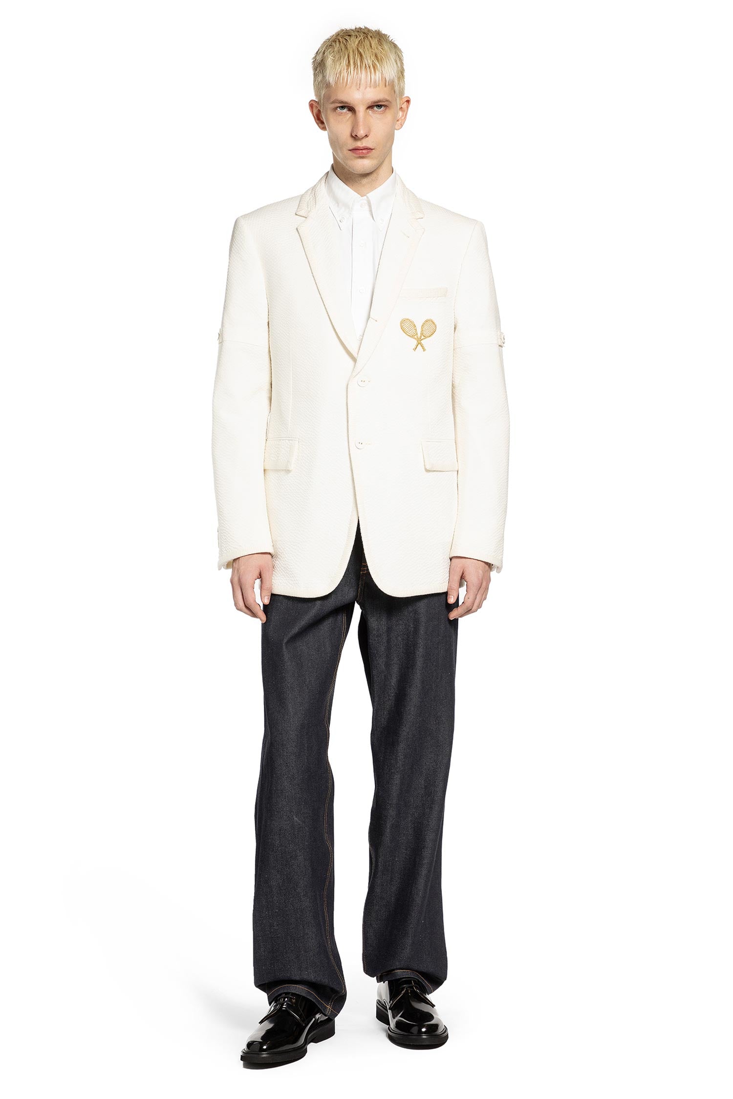 Wide Shoulder Blazer in Wool Seersucker
