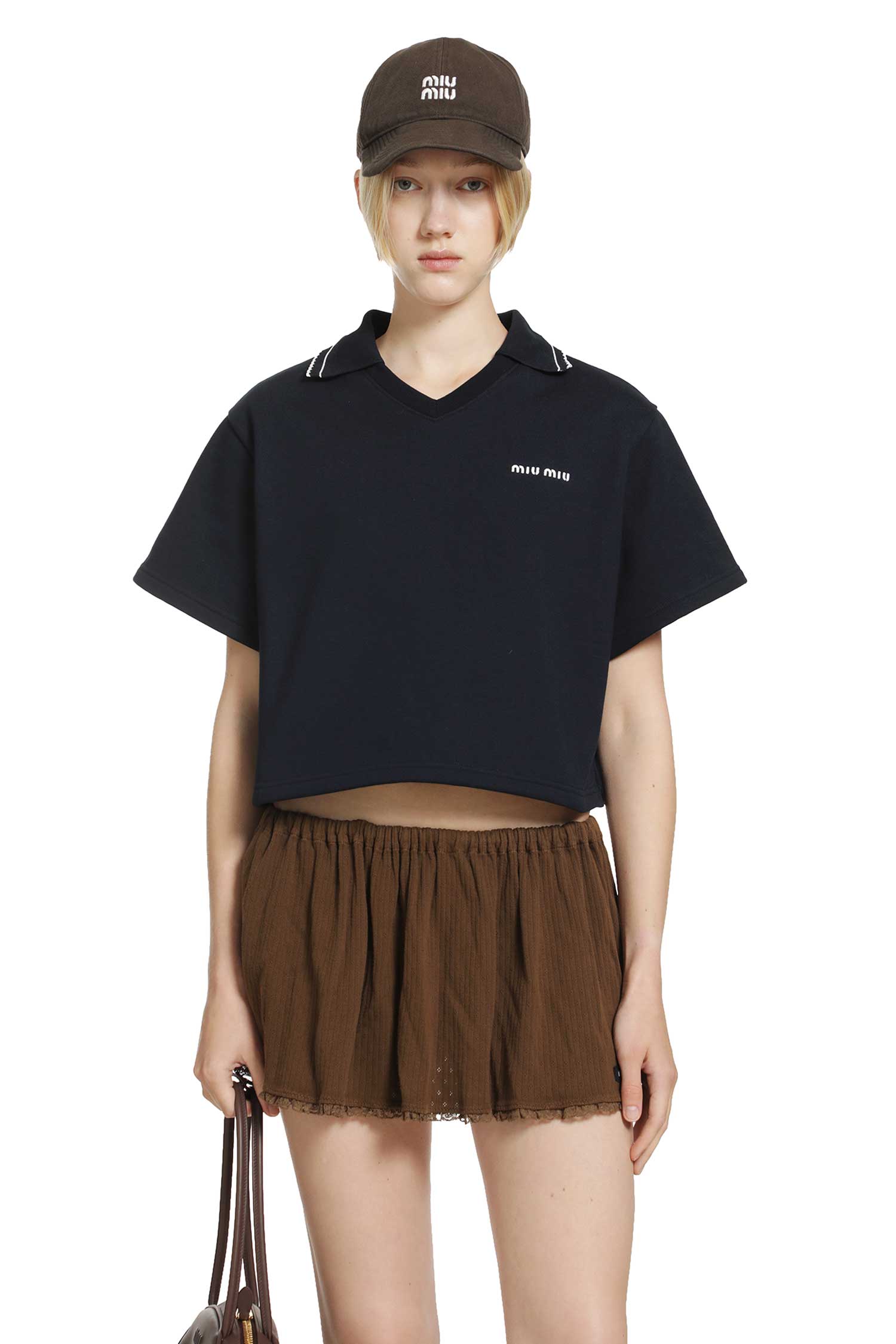 Cropped Cotton Fleece Polo Shirt