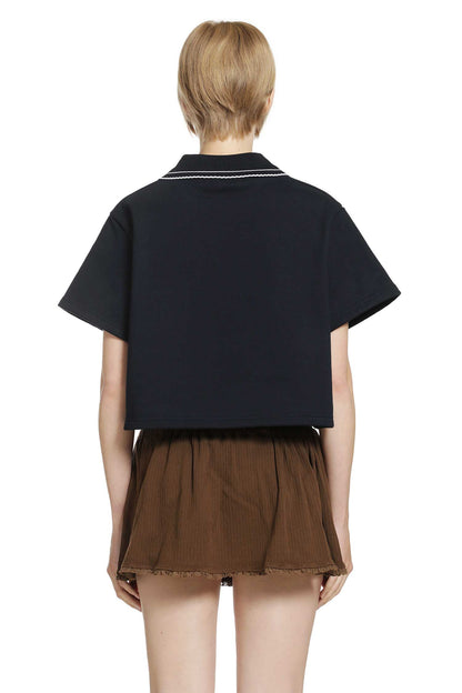 Cropped Cotton Fleece Polo Shirt