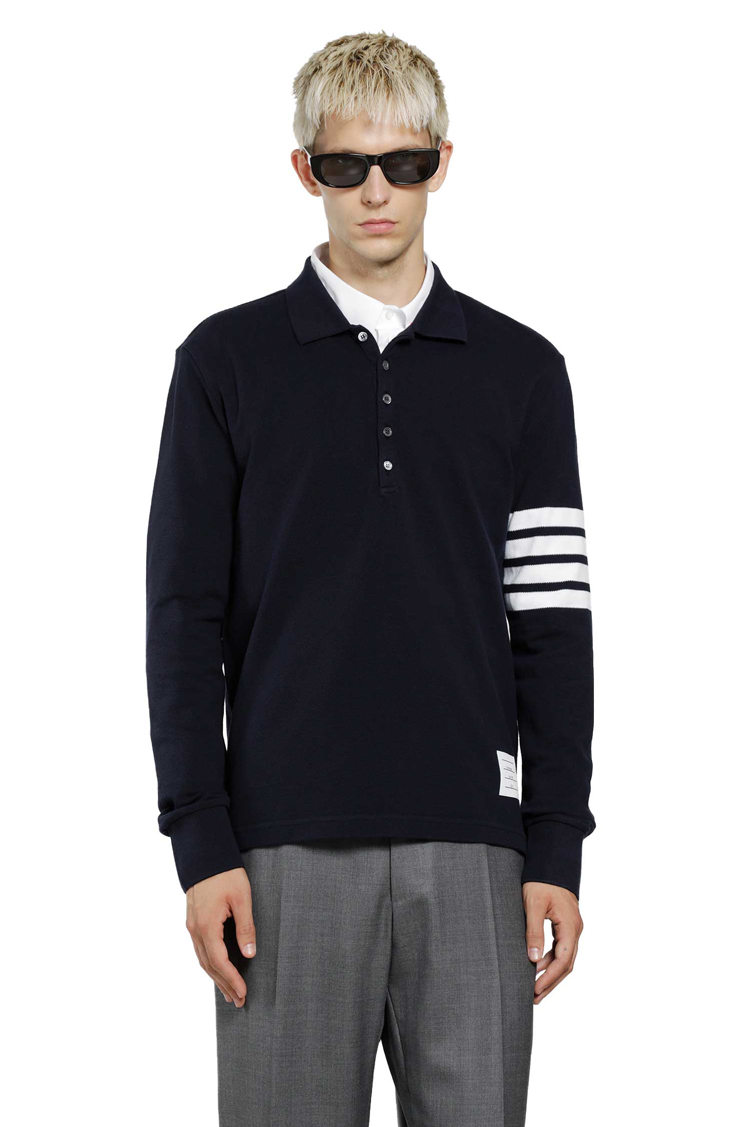 Cotton Piqué 4-Bar Long Sleeve Polo