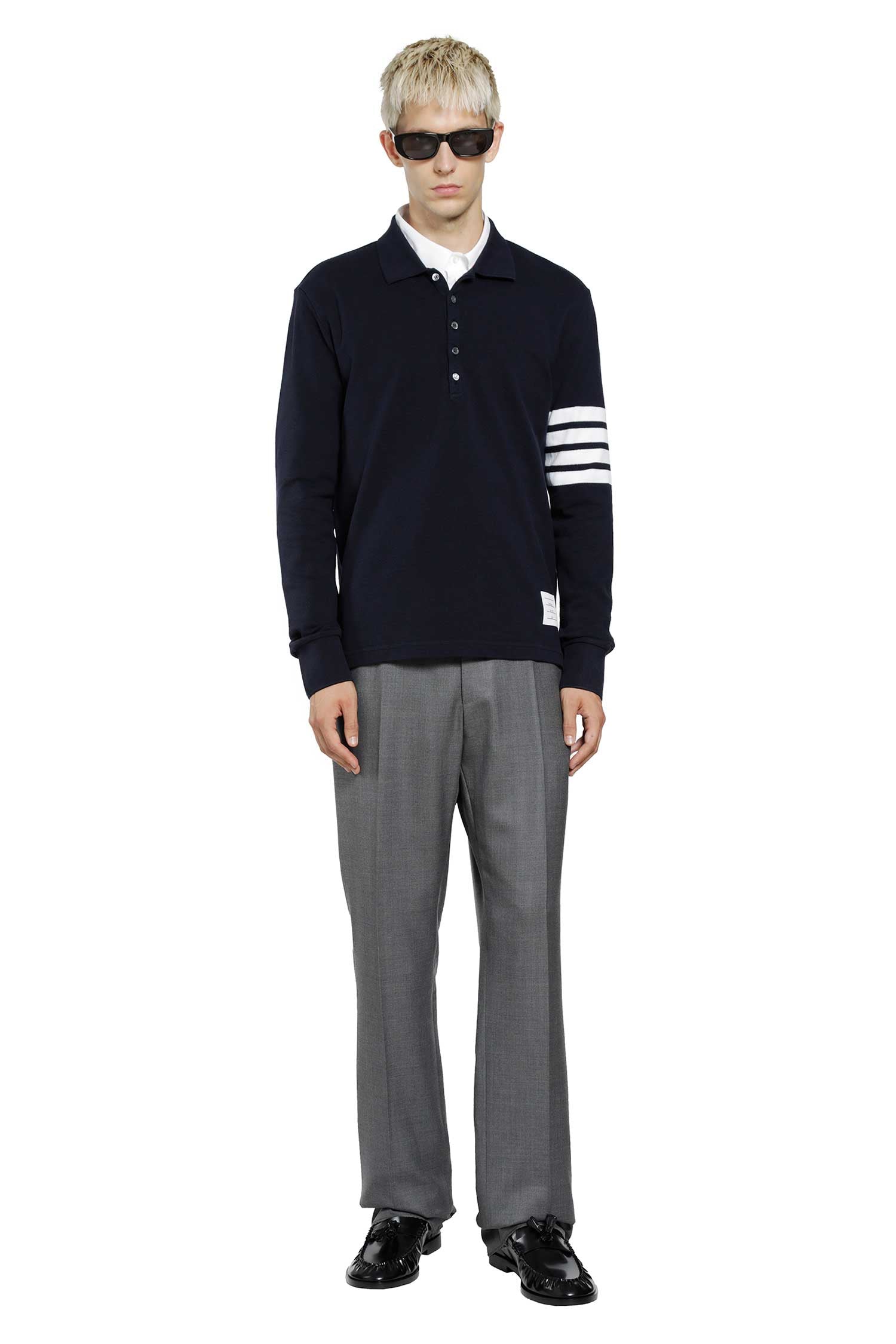 THOM BROWNE Cotton Piqué 4-Bar Long Sleeve Polo man