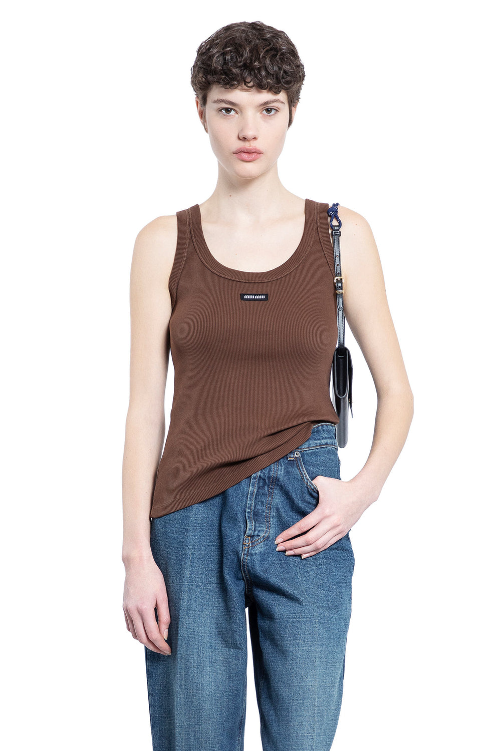 MIU MIU WOMAN BROWN T-SHIRTS & TANK TOPS