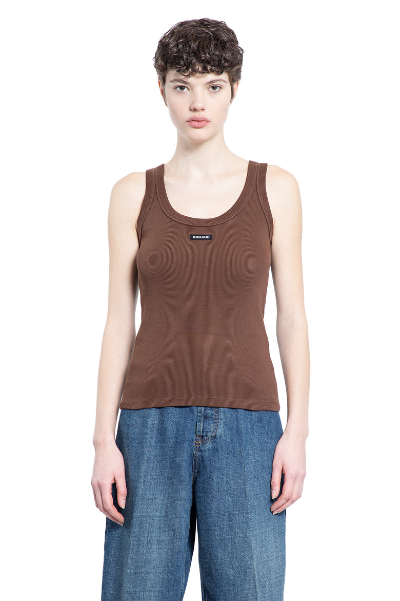 MIU MIU WOMAN BROWN T-SHIRTS & TANK TOPS