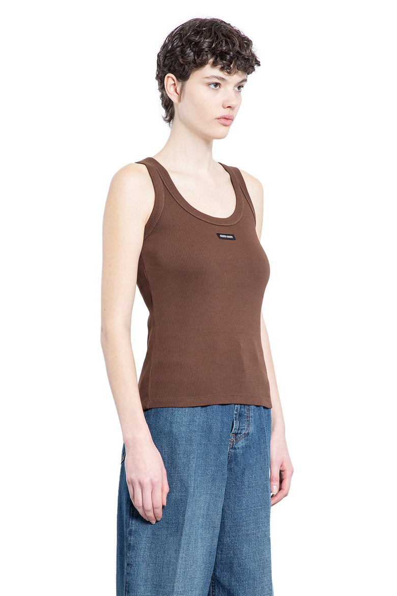 MIU MIU WOMAN BROWN T-SHIRTS & TANK TOPS