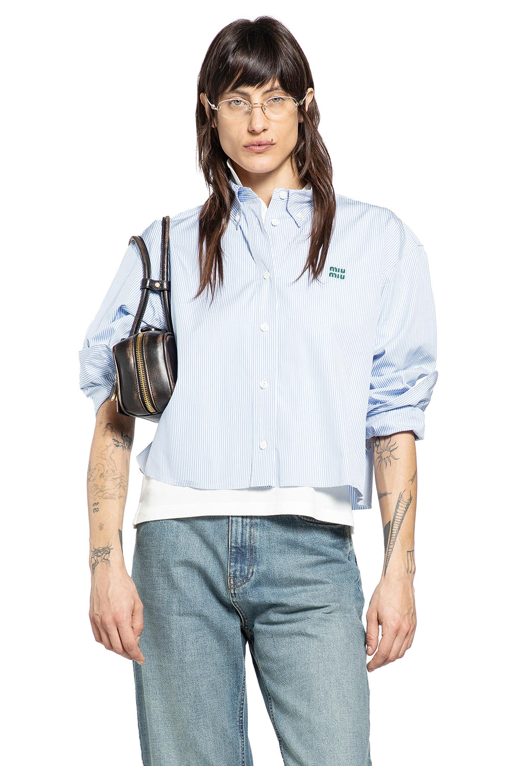 MIU MIU Pinstriped Cotton Cropped Shirt woman