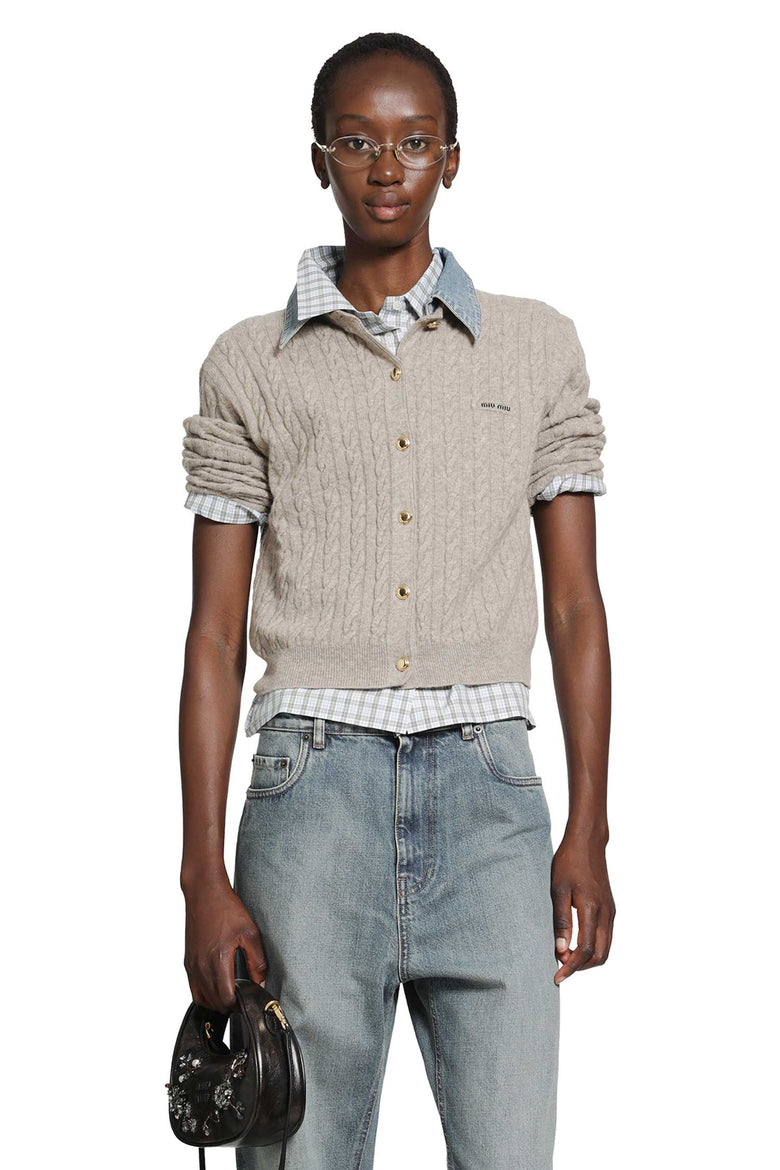 MIU MIU Cable-Knit and Denim Cardigan woman