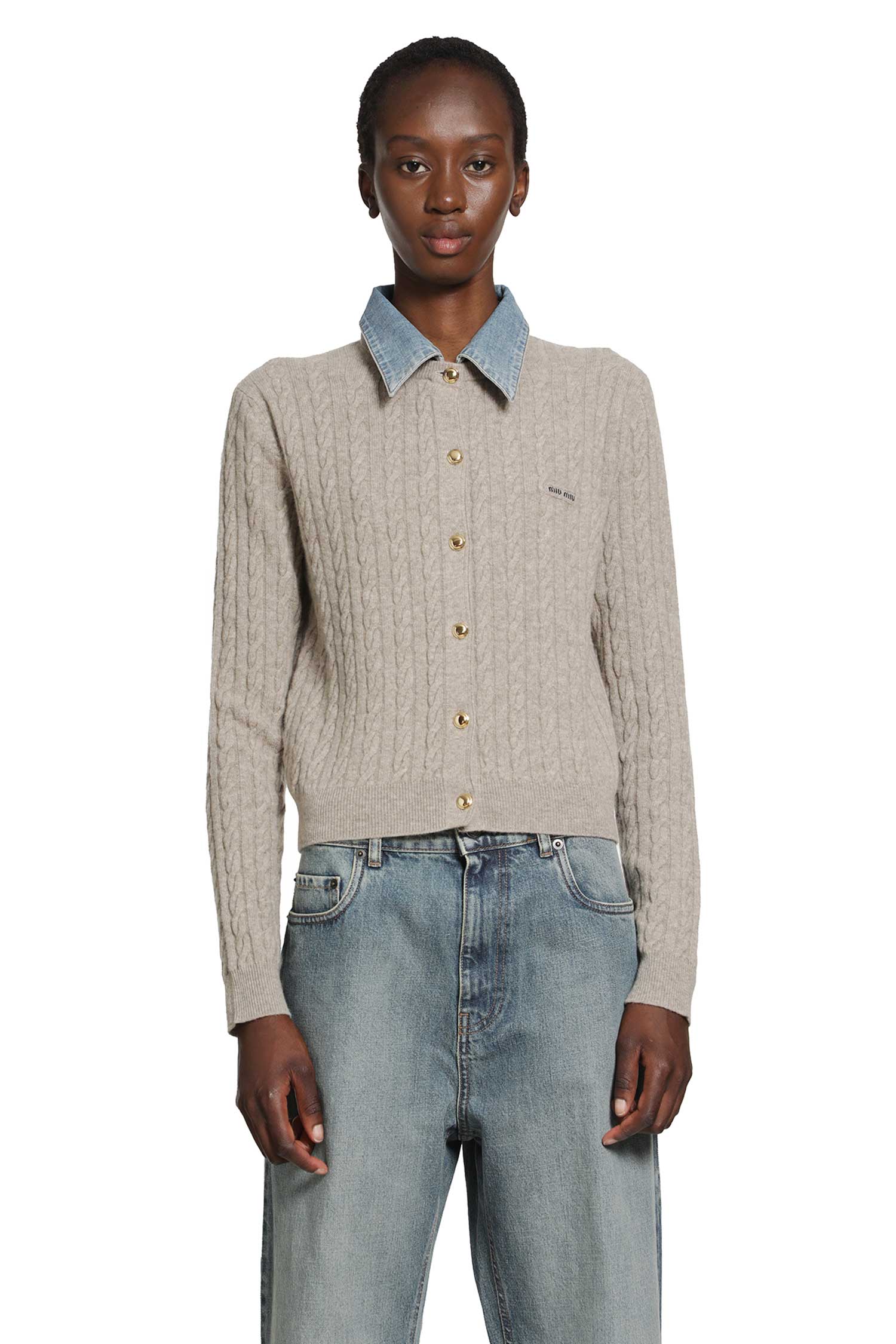 Cable-Knit and Denim Cardigan