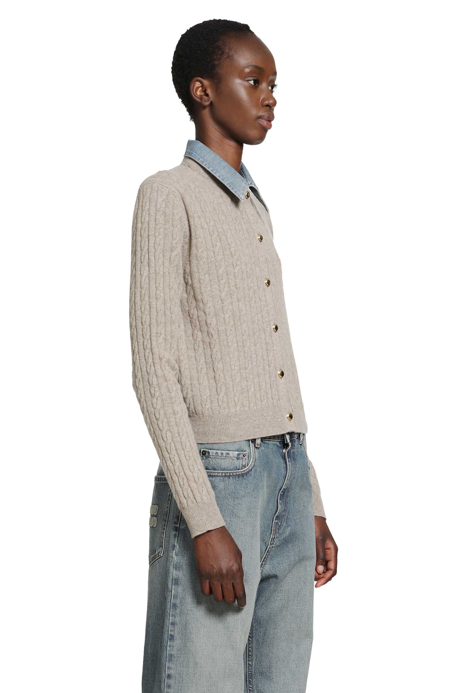 Cable-Knit and Denim Cardigan