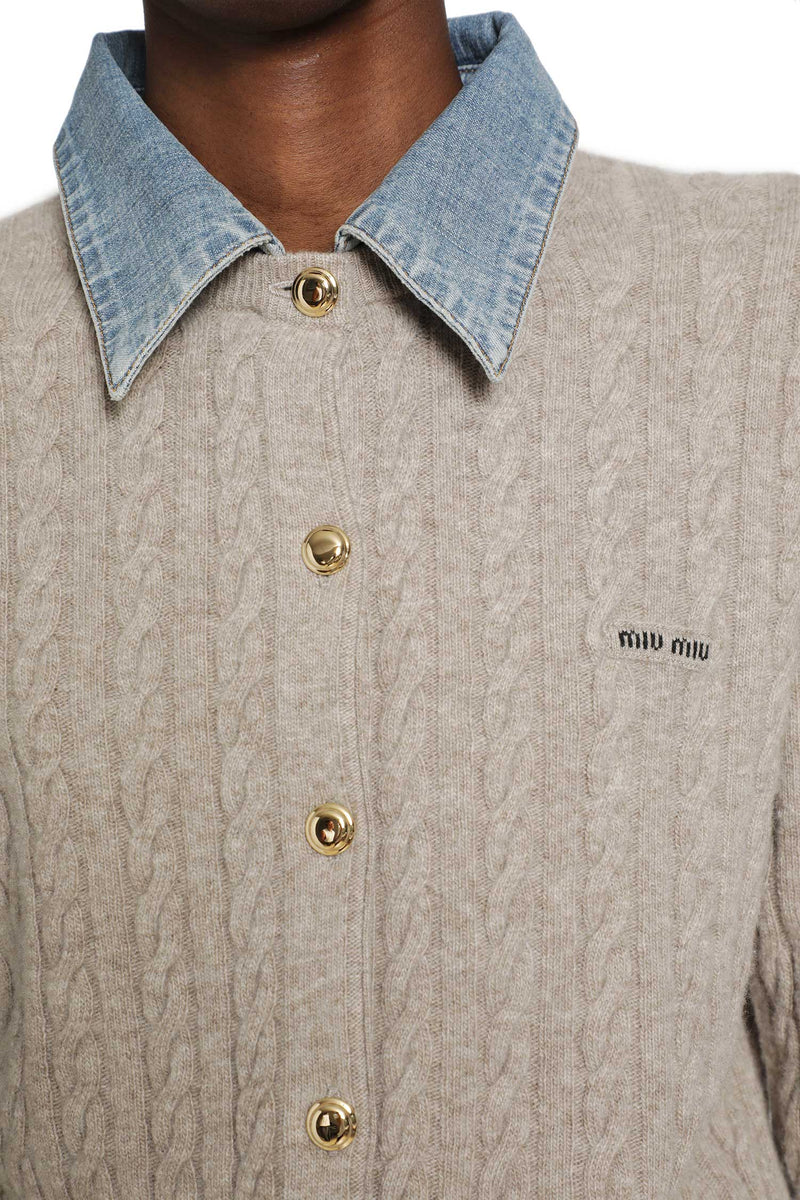 MIU MIU Cable-Knit and Denim Cardigan woman