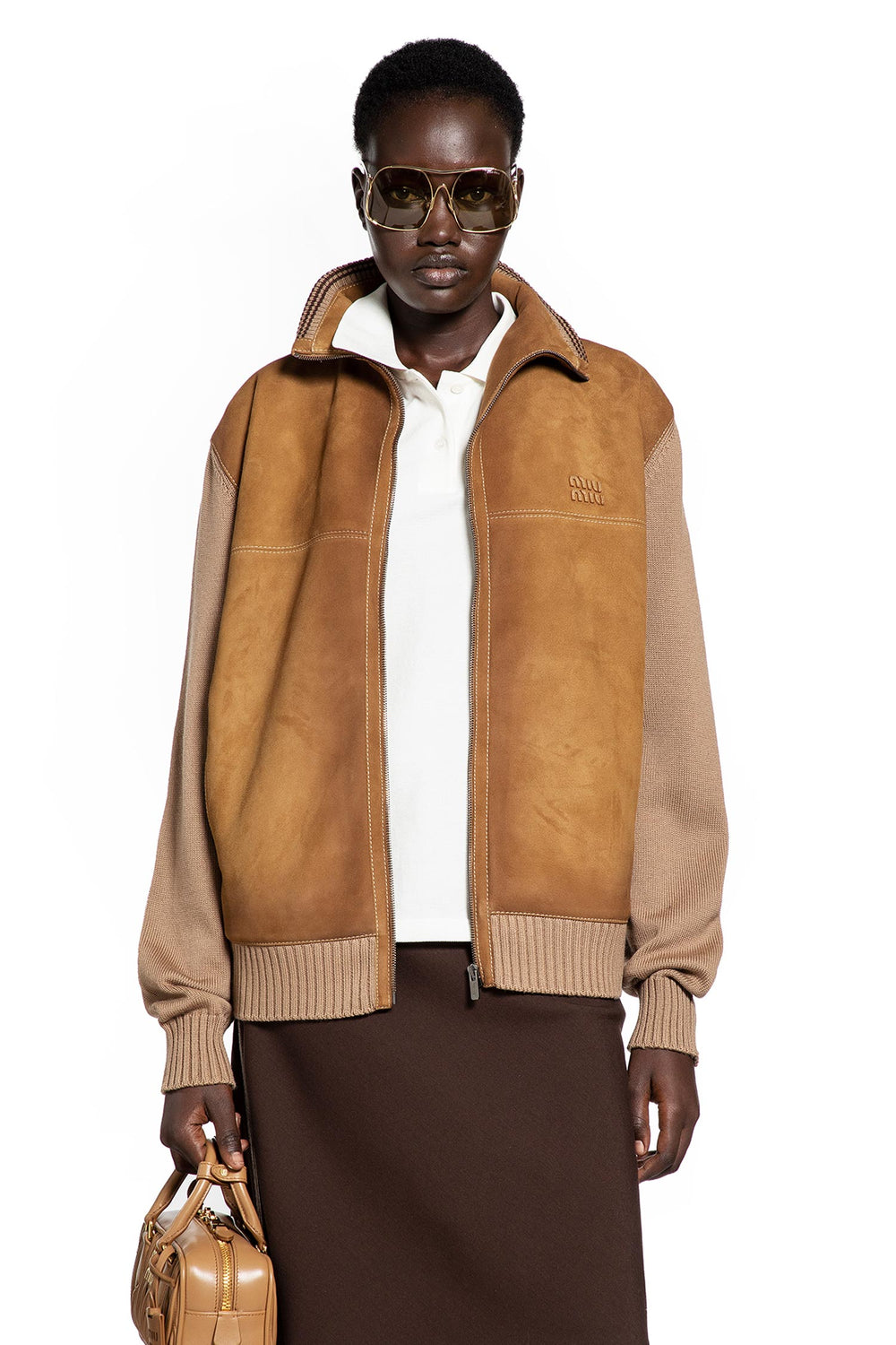 MIU MIU Wool and Leather Zip-Up Jacket woman