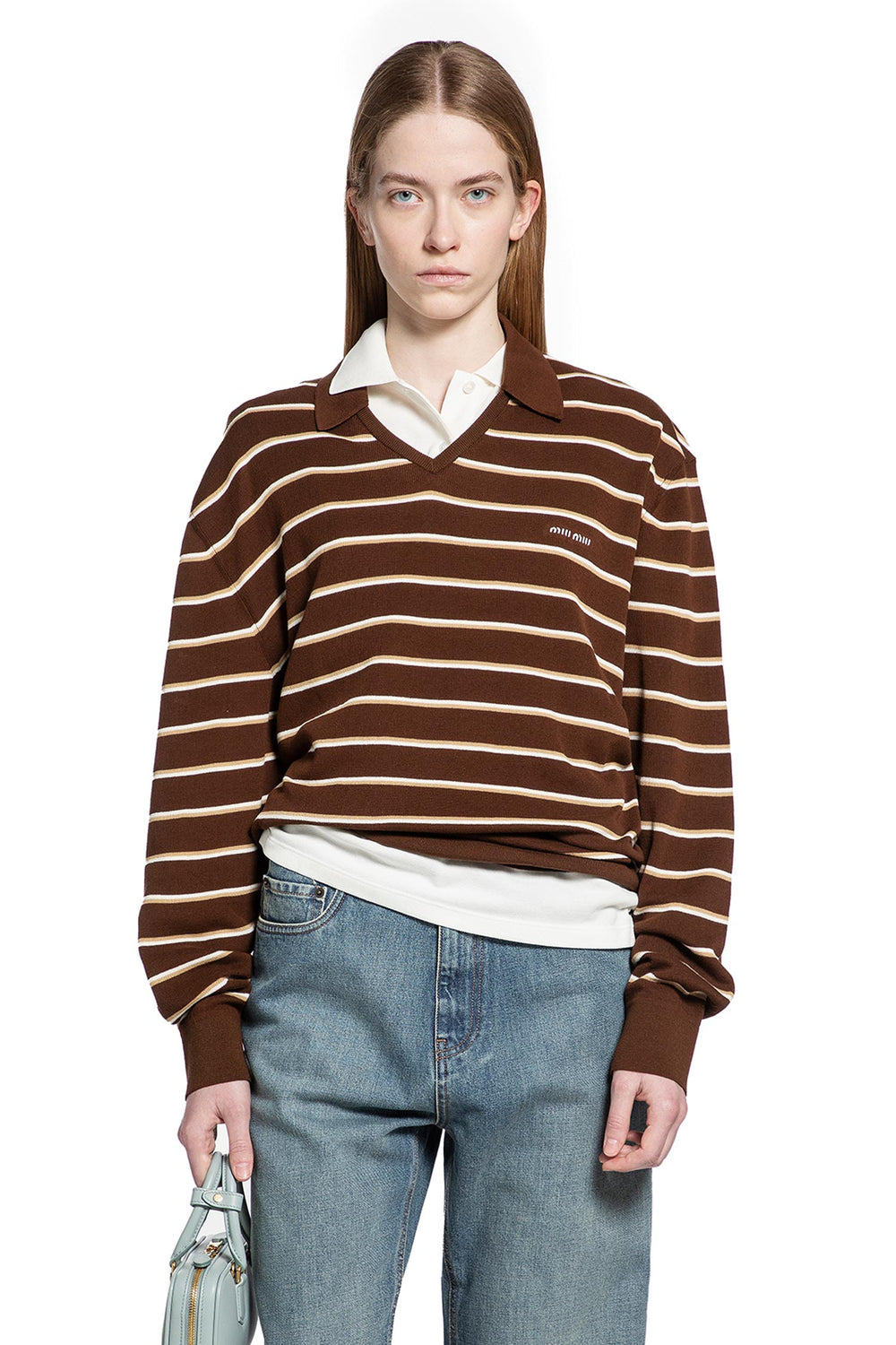 MIU MIU Striped V-Neck Long Sleeve T-Shirt woman