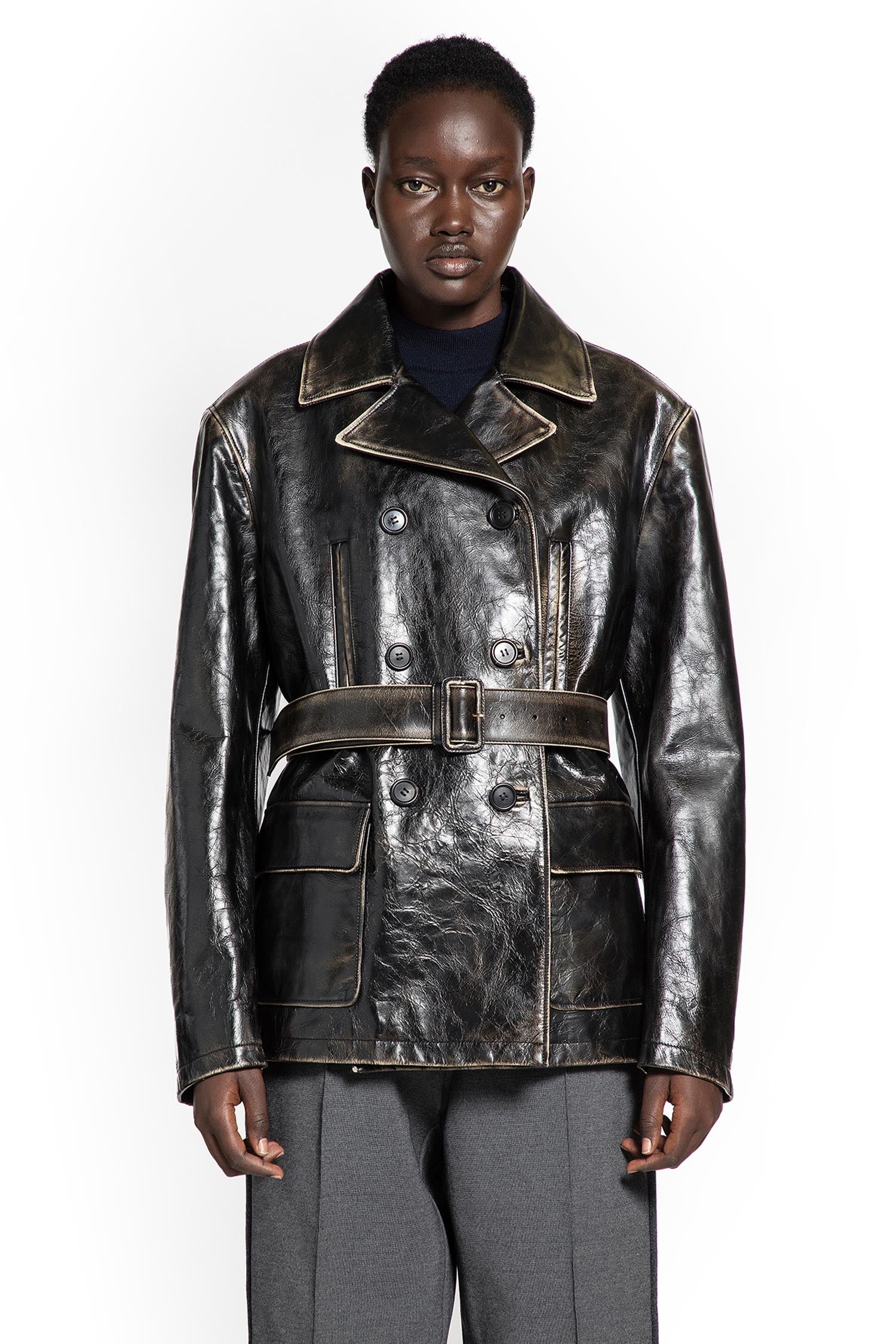 Double-breasted Leather Caban Jacket