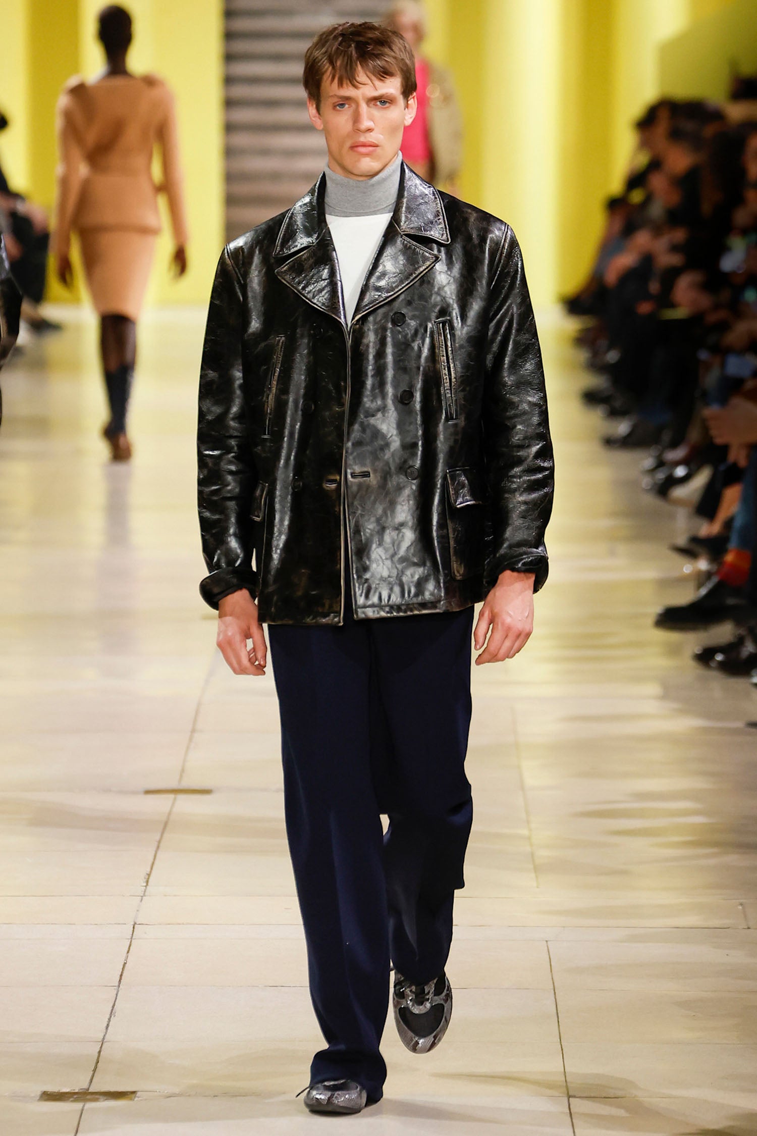 Double-breasted Leather Caban Jacket