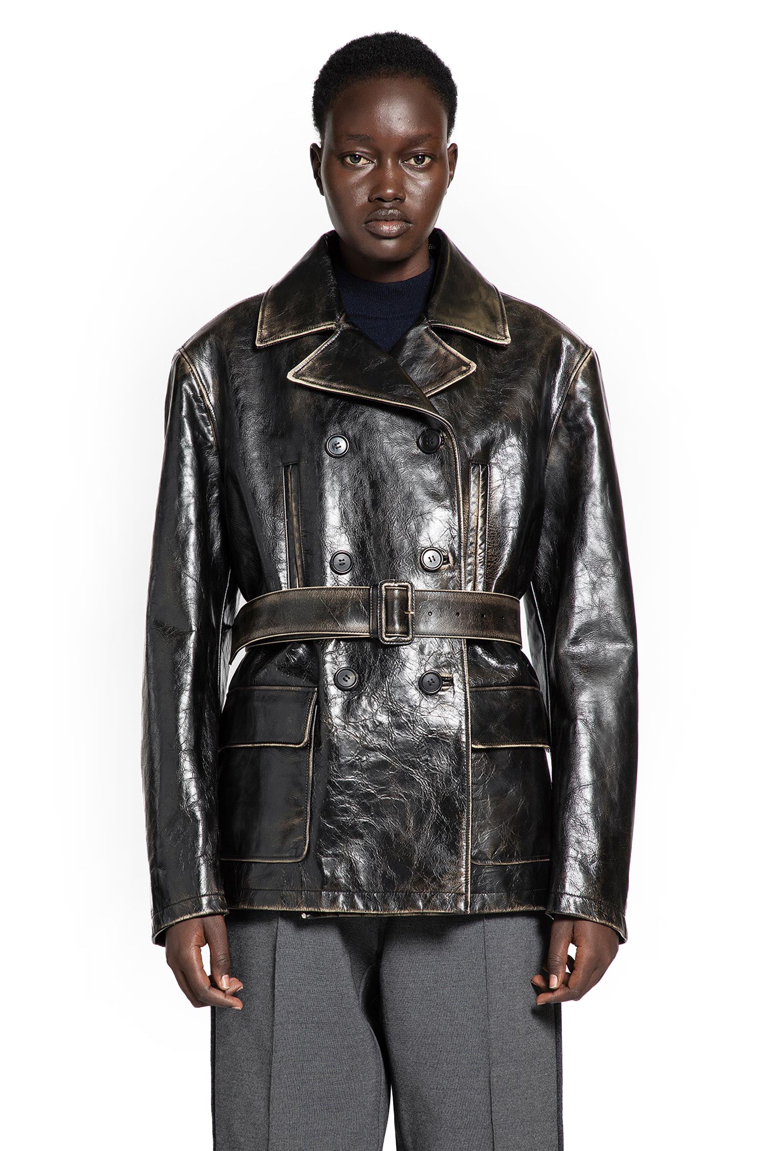 Double-breasted Leather Caban Jacket