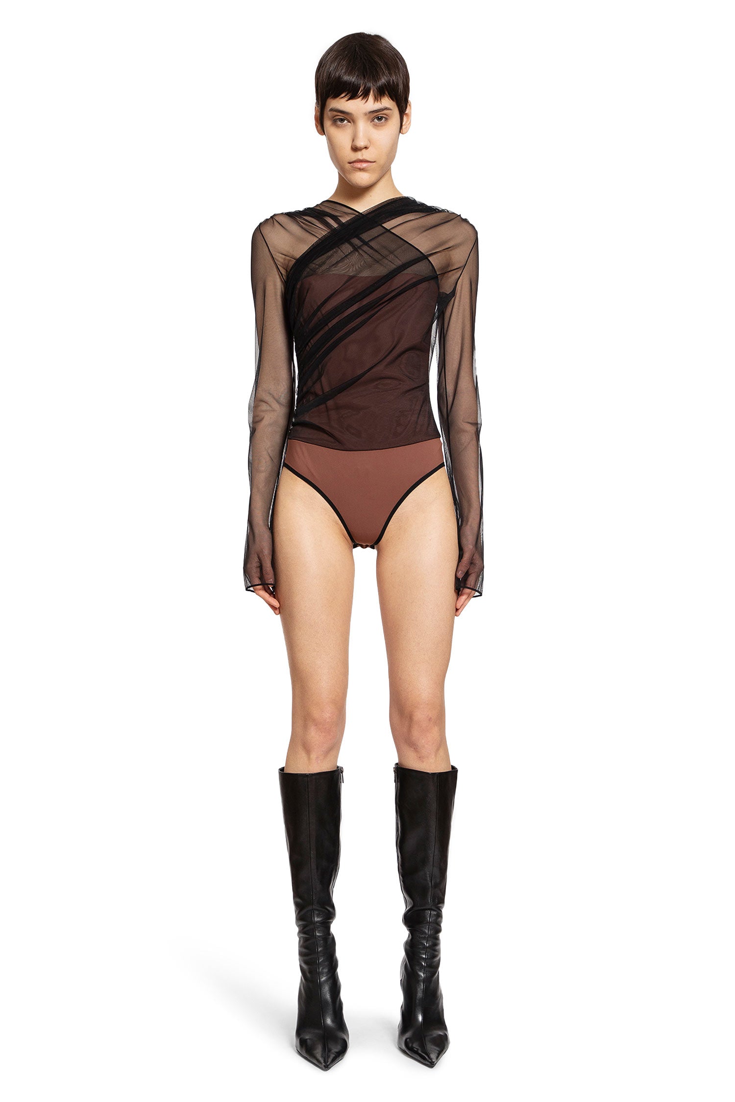 Semi-Sheer Gathered Long Sleeves Bodysuit