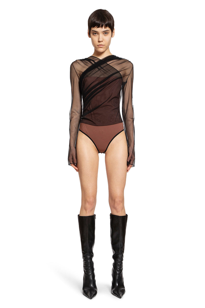 Semi-Sheer Gathered Long Sleeves Bodysuit