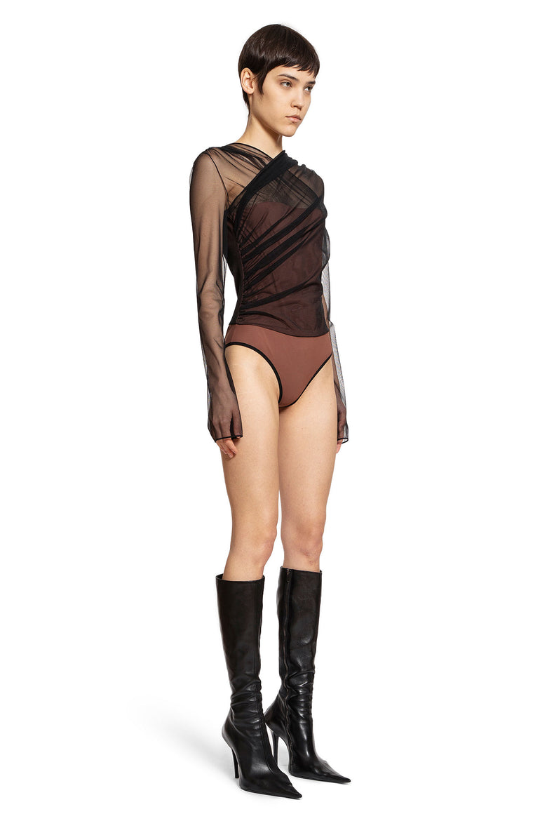 Semi-Sheer Gathered Long Sleeves Bodysuit