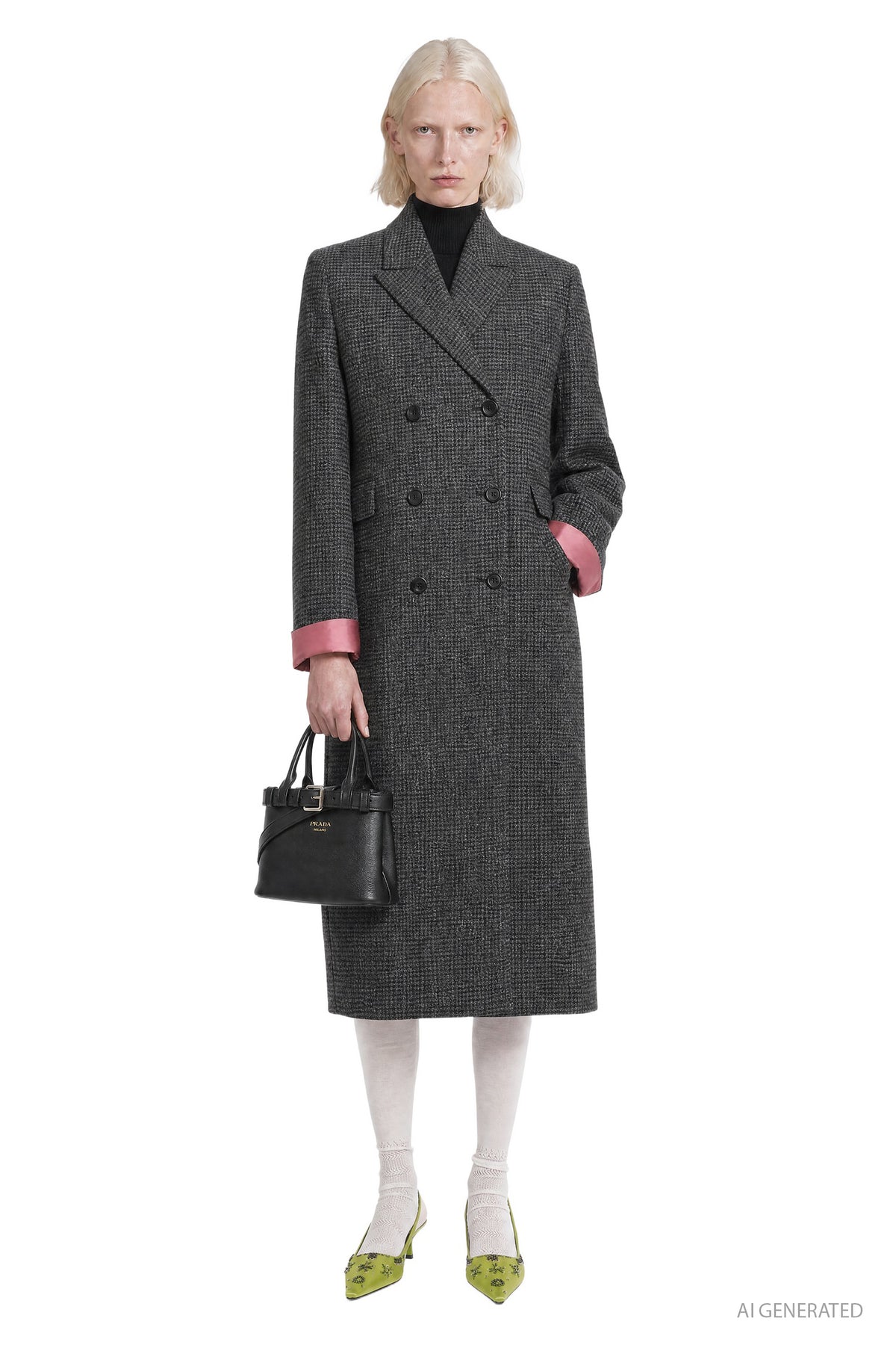 Double-Breasted Gingham Check Wool Coat