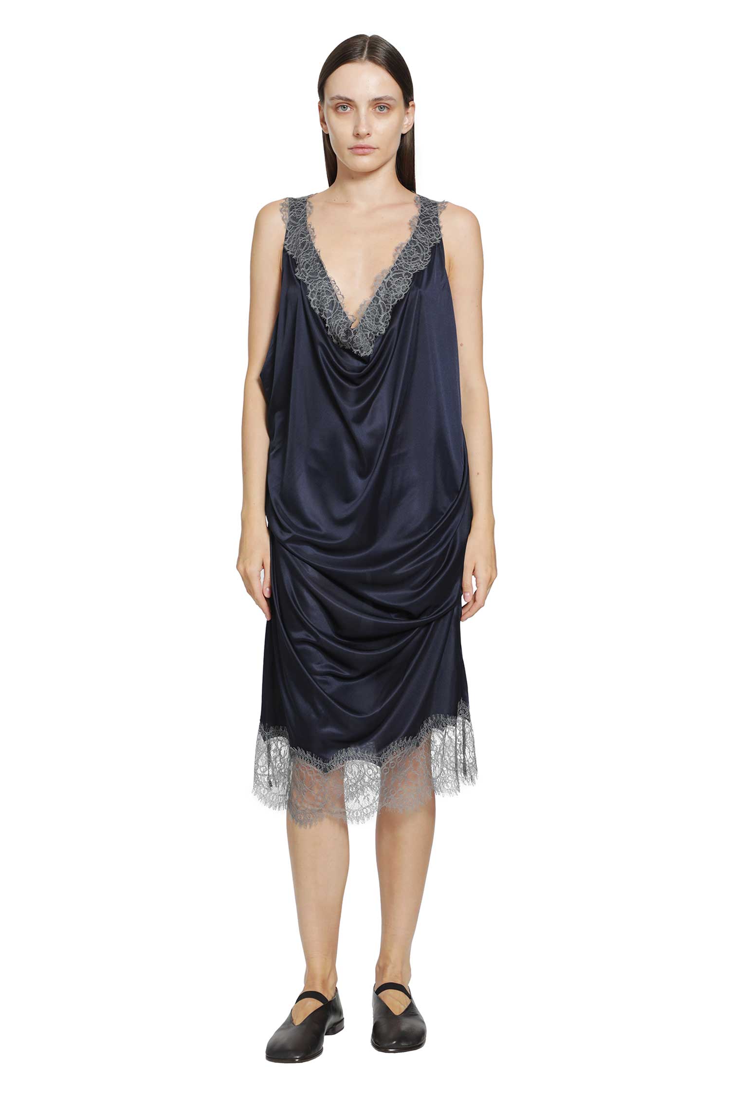 Lace-Trimmed Draped Satin Dress