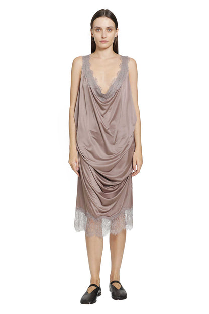 Lace-Trimmed Draped Satin Dress