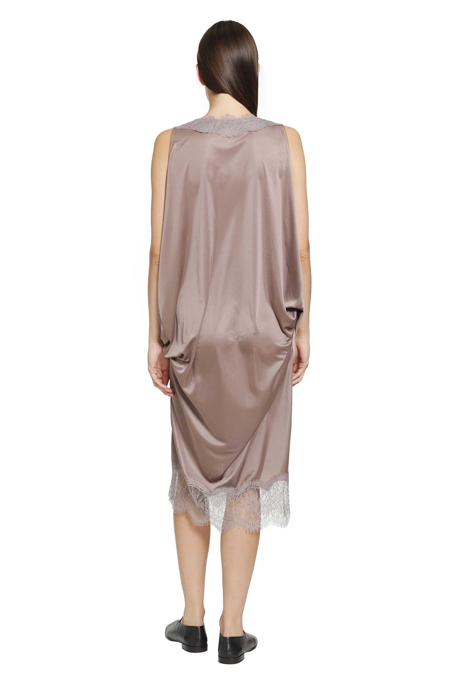 Lace-Trimmed Draped Satin Dress