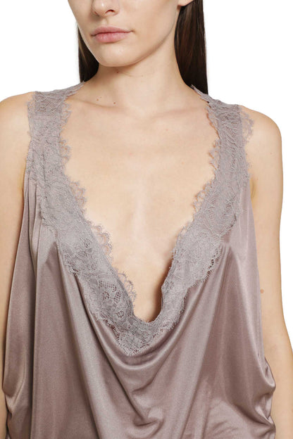Lace-Trimmed Draped Satin Dress