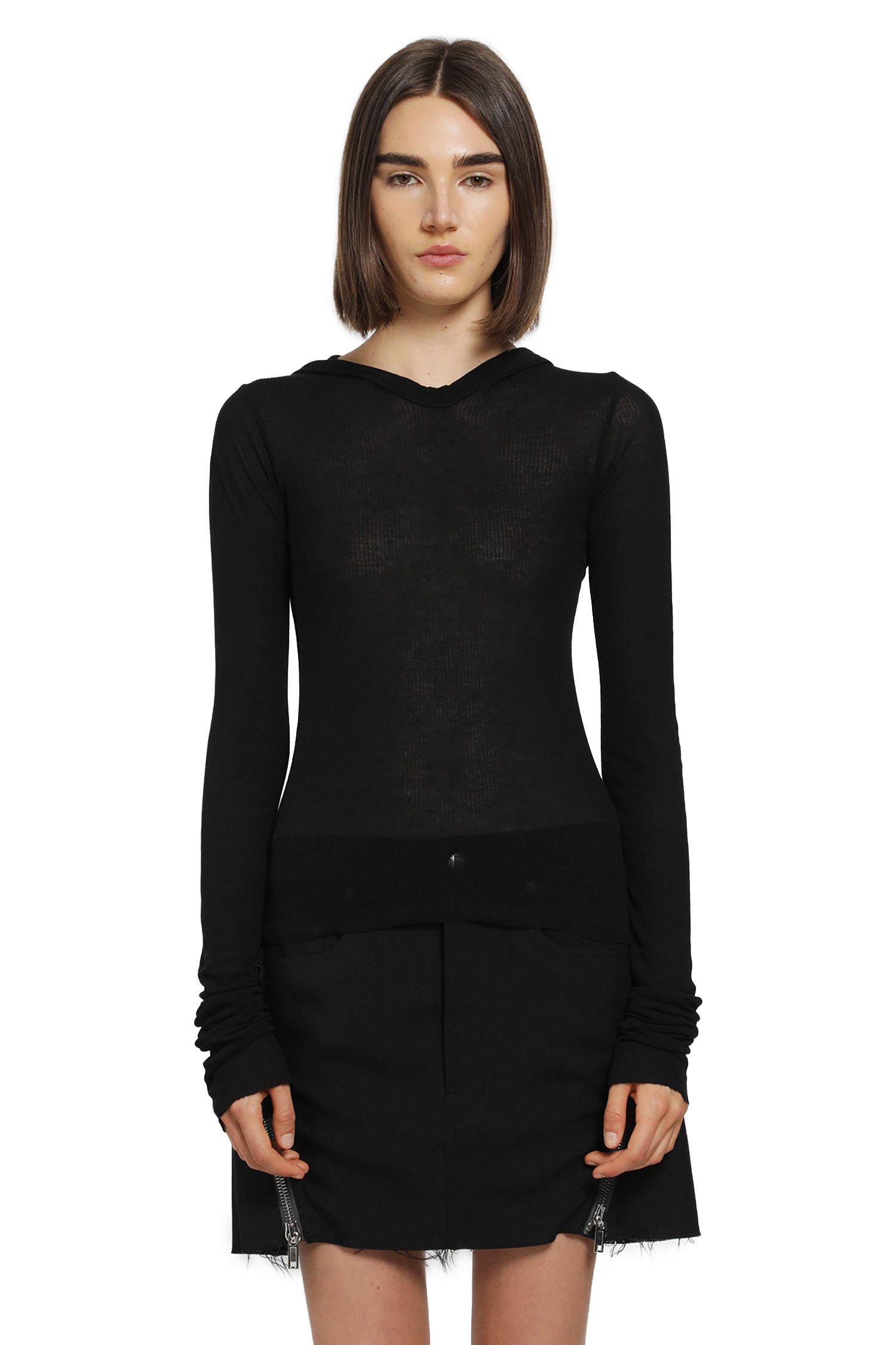 RICK OWENS Cropped Hooded Rib LS T woman