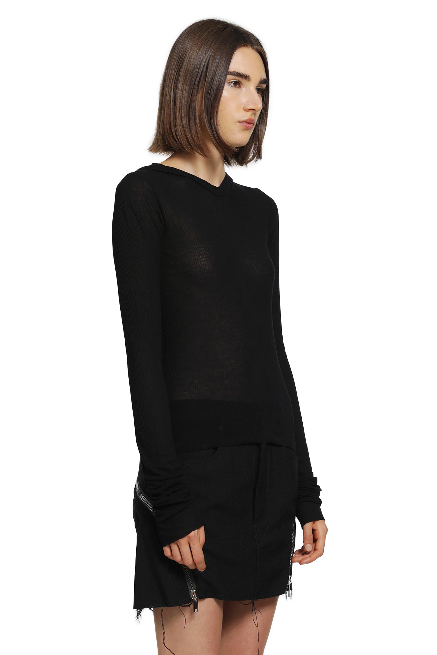 RICK OWENS Cropped Hooded Rib LS T woman