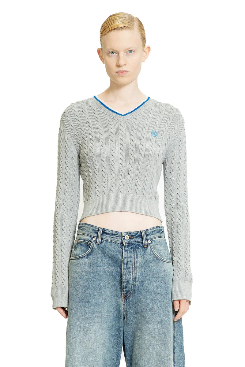 Cropped Cable Knit V-Neck Sweater - Antonioli.eu