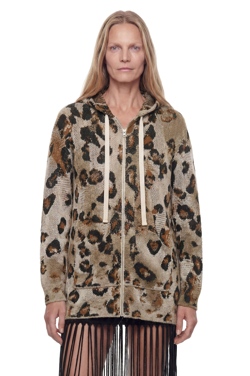 Leopard Knit Zip-Up Hoodie