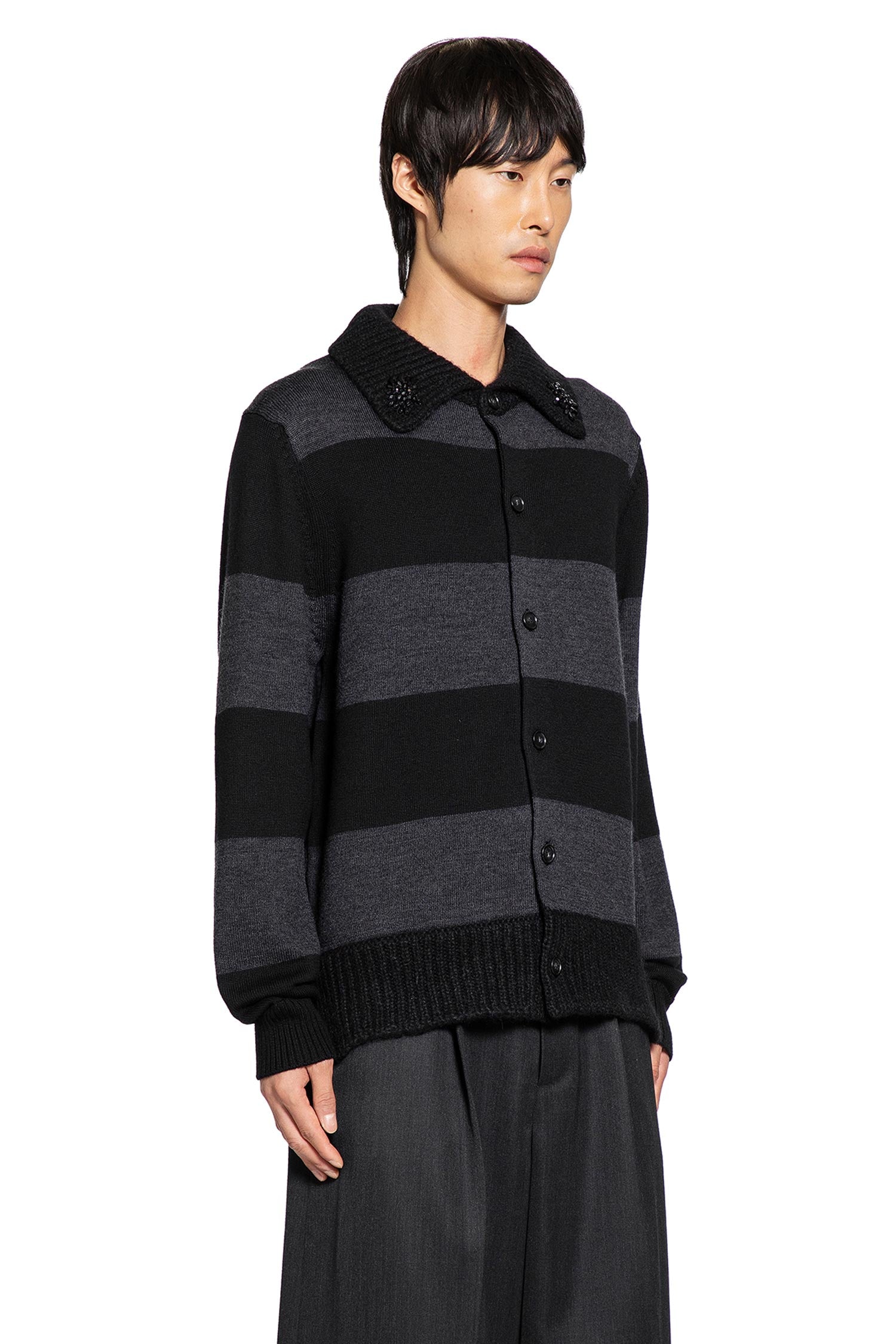 Embellished Fuzzy Collar Rugby Cardigan