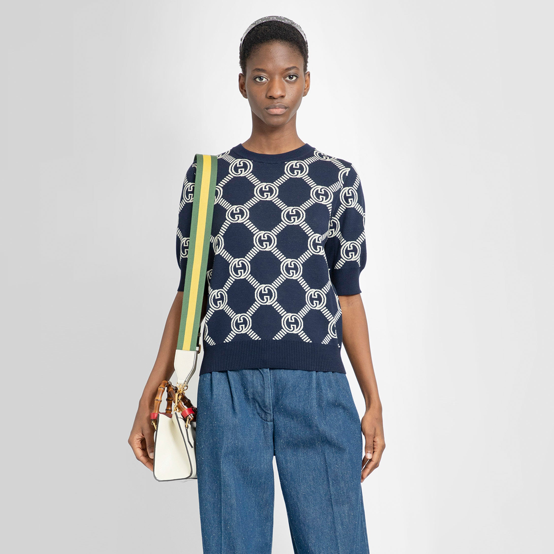Reversible GG wool jacquard top in blue and ivory