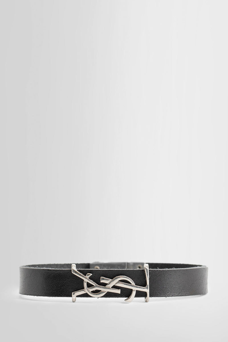 Saint Laurent Tag Curb Chain & Leather Bracelet in Black & Oxidized Nickel  | FWRD
