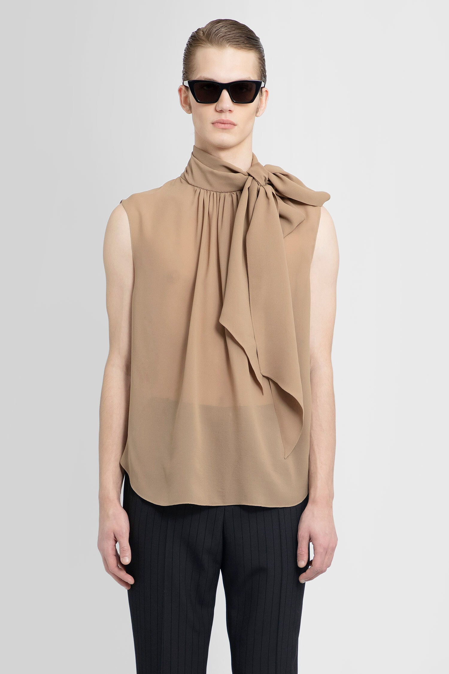 Saint Laurent High-Neck Sleeveless Silk Shirt - Brown